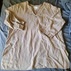 Coldwater Creek Women's Size XL 3/4 Sleeve V-Neck Beaded Top Shirt Light Brown
